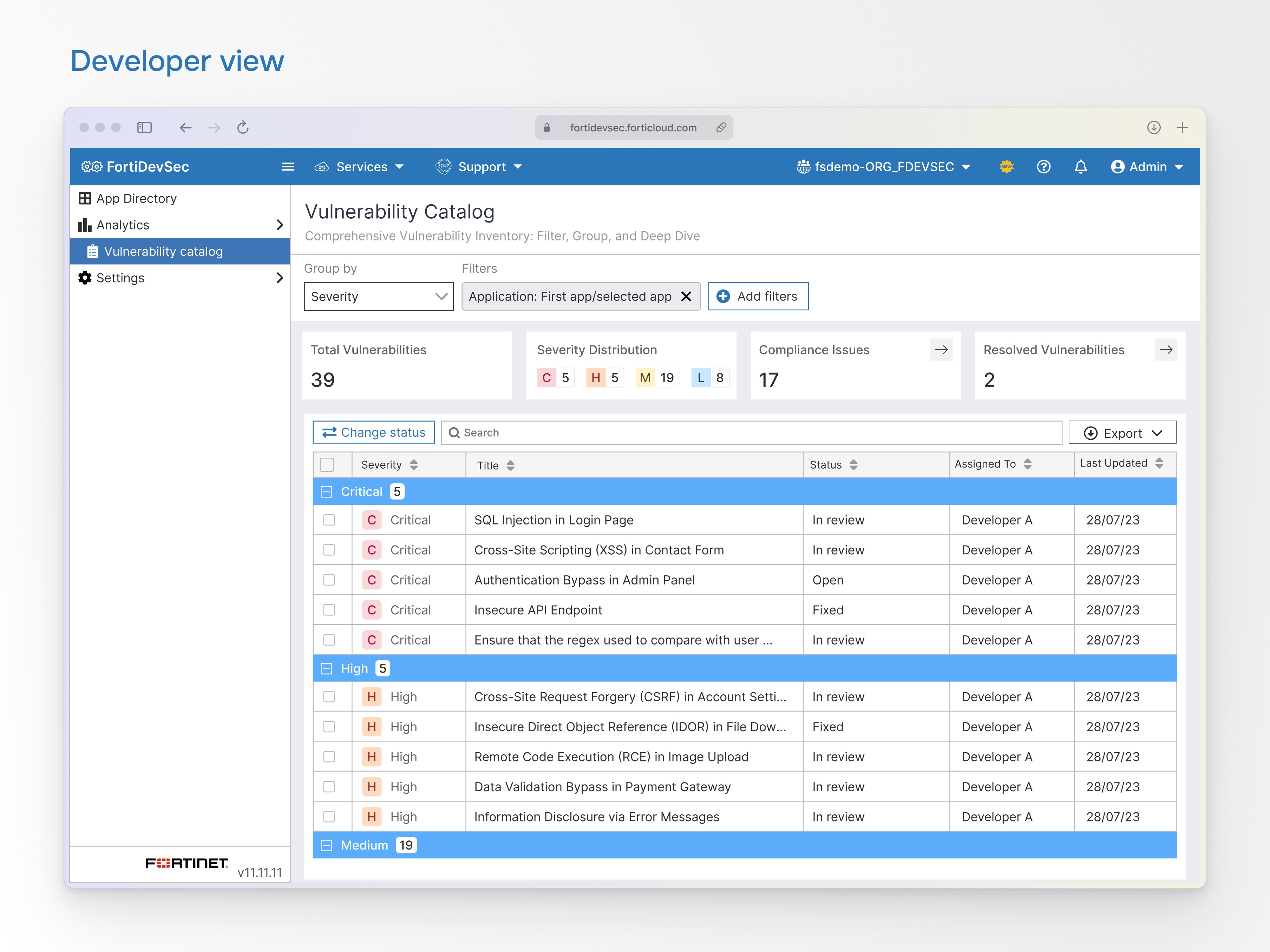 This view shows total vulnerabilities, severity distribution, compliance issues, resolved vulnerabilities, and offers flexible export options for developers.