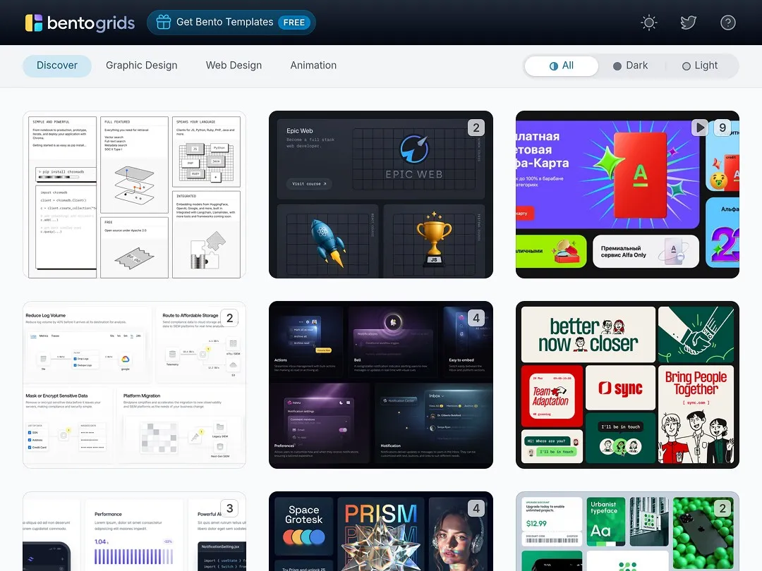 Web design templates grid with colorful layouts and interface elements.