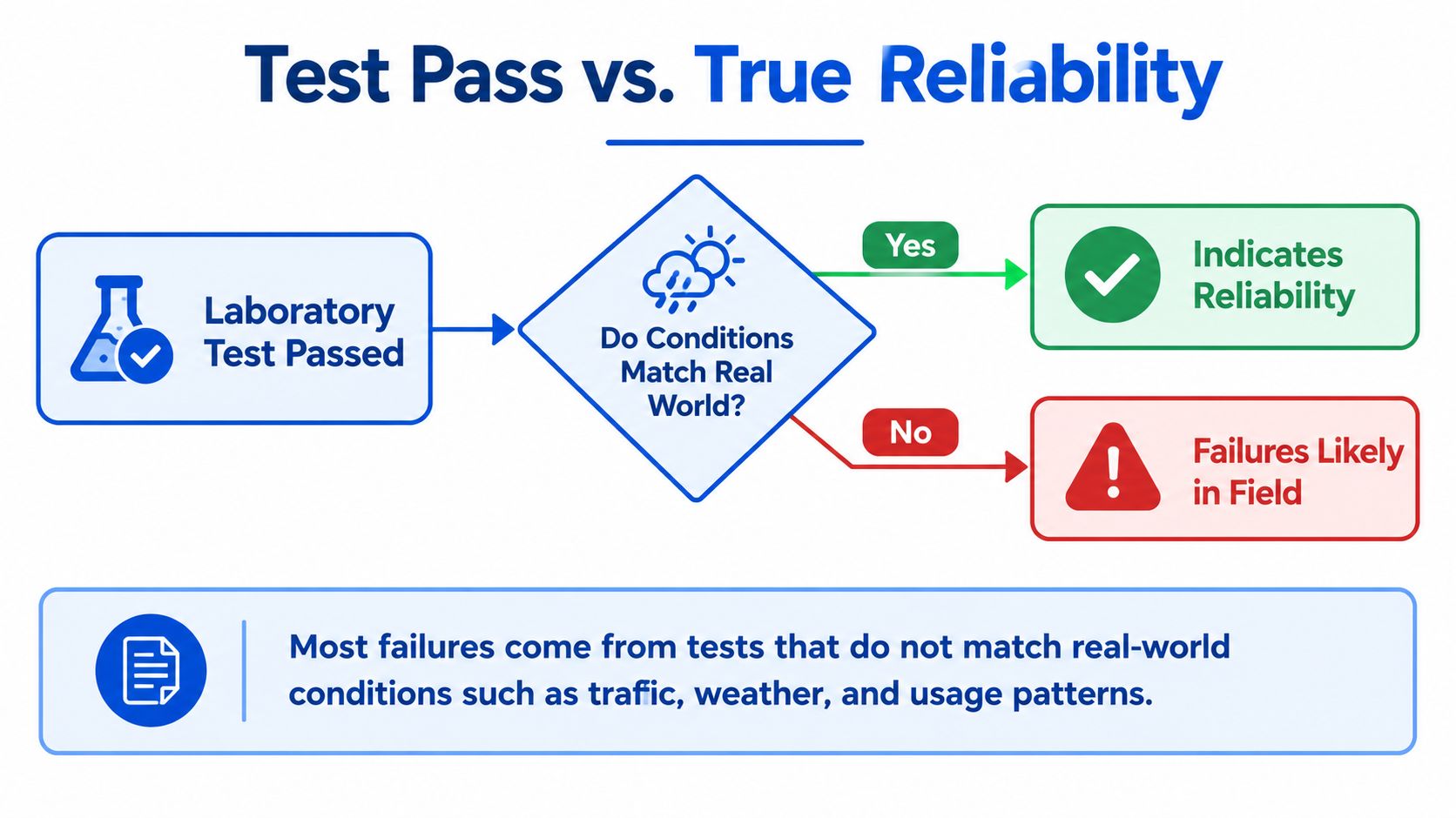 A flowchart comparing laboratory test passes to true reliability based on whether test conditions reflect real-world scenarios.