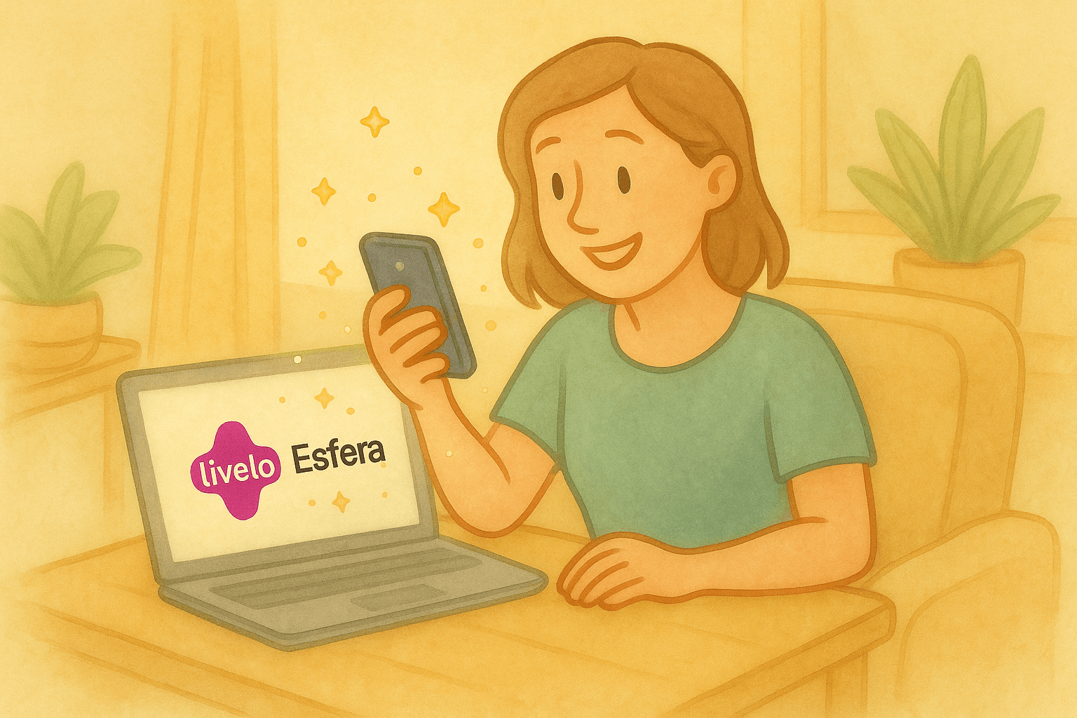 Ilustração em aquarela digital de uma mulher em uma cafeteria olhando o celular com satisfação, simbolizando ganhar pontos na Livelo e Esfera.