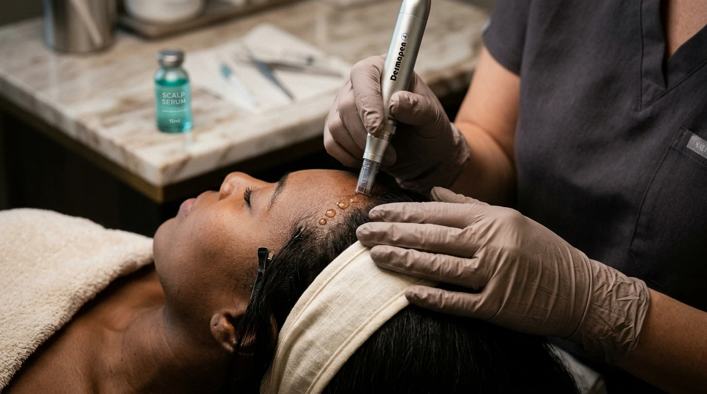 A glass vial of regenerative exosome serum beside a microneedling pen used for collagen induction.