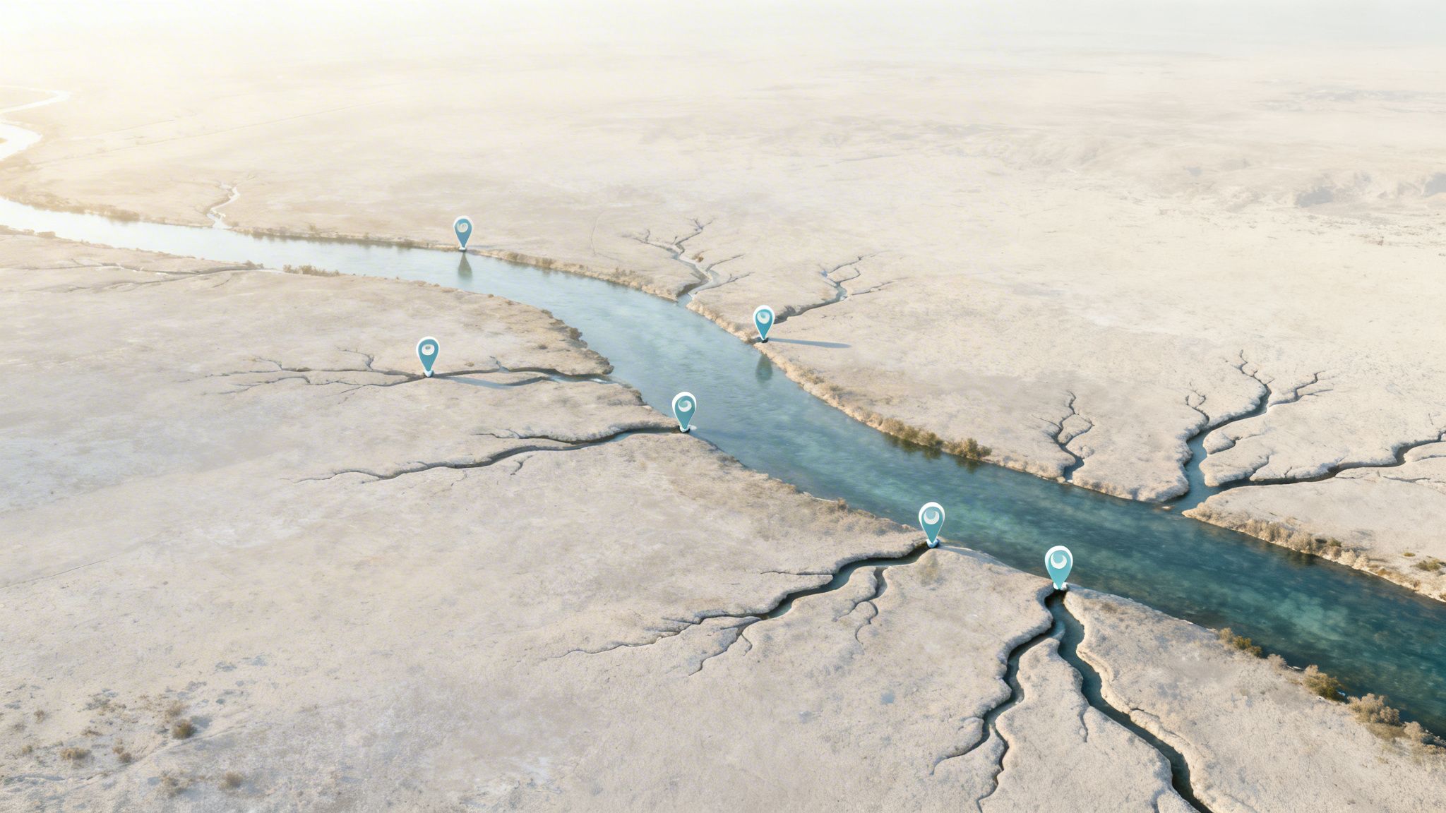 Aerial view of a winding river in a dry, cracked landscape with map pins marking locations.