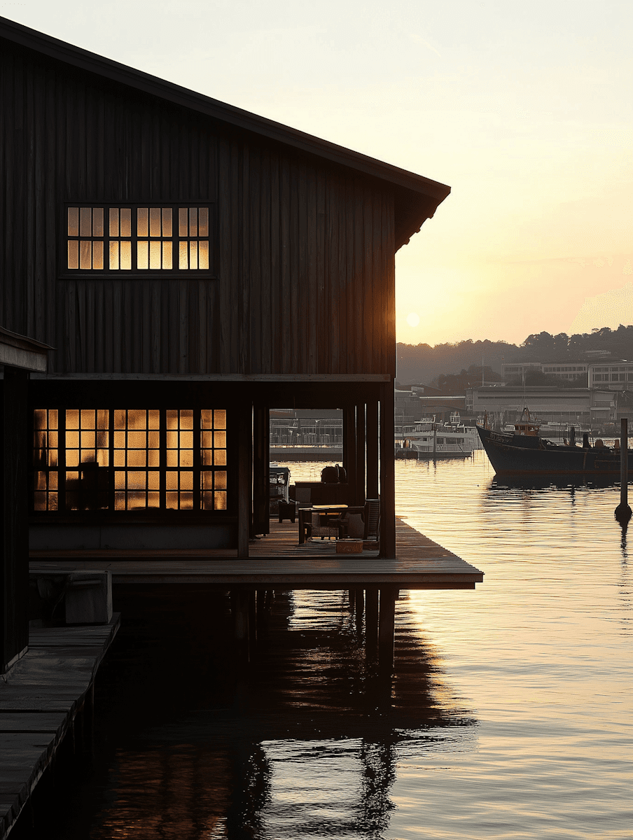 Wooden building over water at sunset with boats