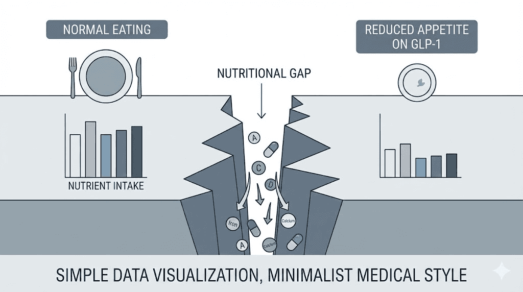 GLP-1 medication nutritional gap infographic showing vitamin and mineral deficiencies