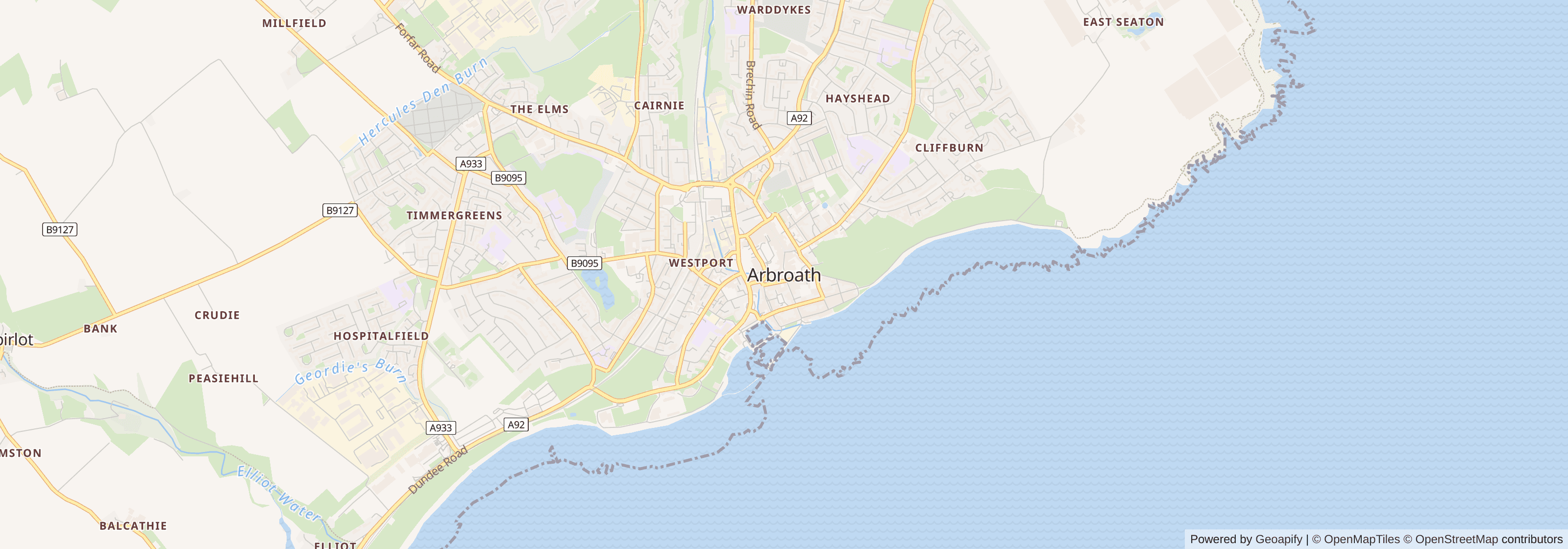Street map of Arbroath, Angus showing main roads and nearby areas