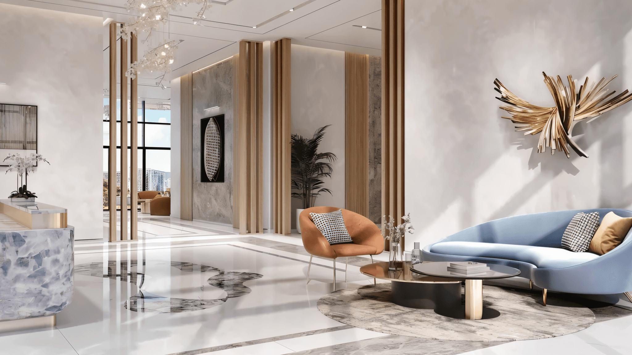 Contemporary living room with a prominent gold sculpture from Azizi Wares, highlighting modern artistic flair.