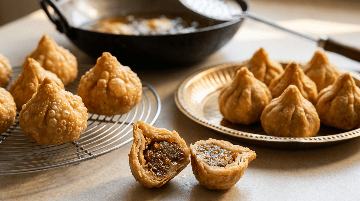 Fried talniche modak cut open showing coconut-jaggery filling on festive plate