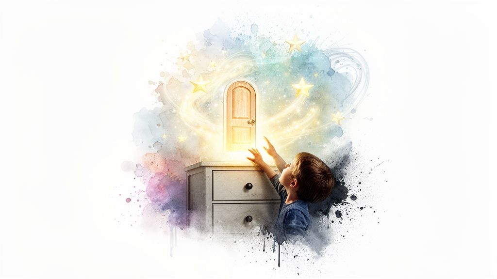 A young boy reaches for a glowing, magical door on a dresser, surrounded by stars and watercolor art.