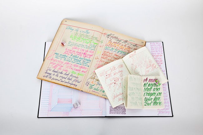 The image shows an open scrapbook or journal with a cream-colored cover. The pages are filled with handwritten text in various colors, including pink, blue, green, and black ink. The left page has handwritten text in a cursive style, while the right page contains handwritten text in a different style. The pages are slightly creased and worn, with some discoloration and markings, suggesting age and use. The scrapbook is resting on a plain white surface.
