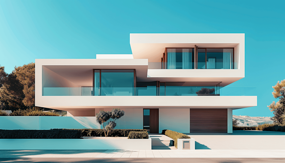Clean white modernist villa with stacked cantilevered volumes, large glass facades, timber garage door, and manicured landscaping under a bright blue sky