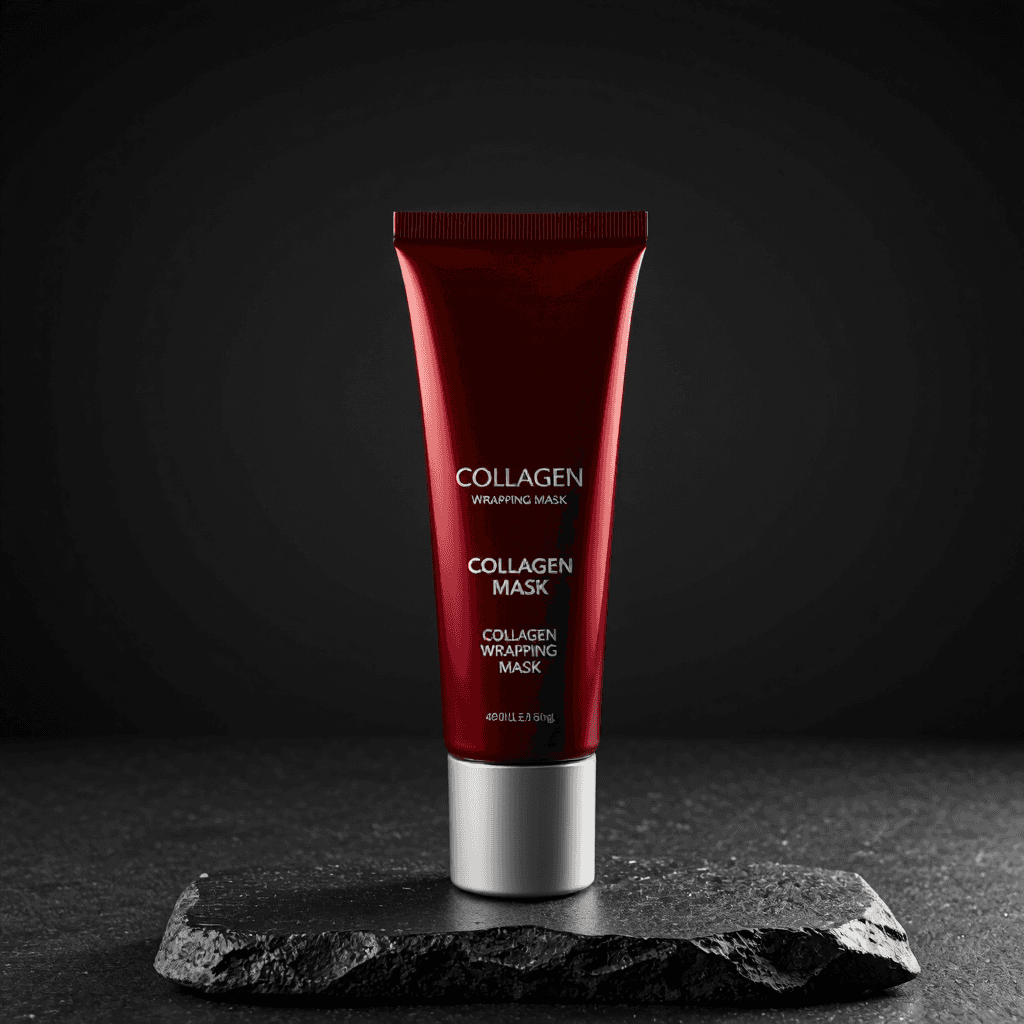 product photography of tube of collagen wrapping mask