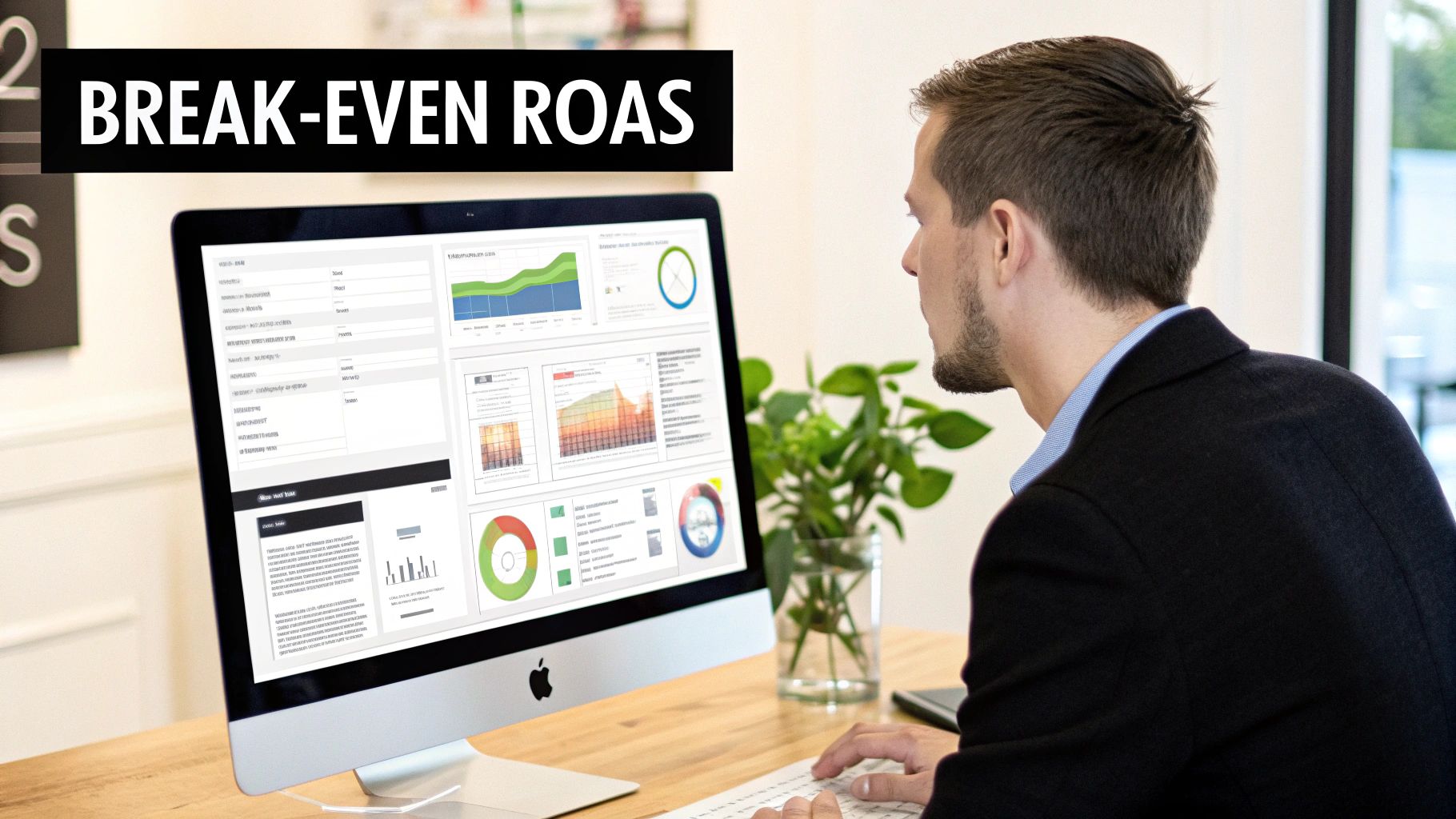A man analyzing a computer screen displaying financial charts and graphs related to Break-Even ROAS.