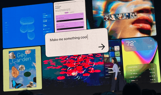 Collage of AI-generated design screens shown on stage at Config 2026