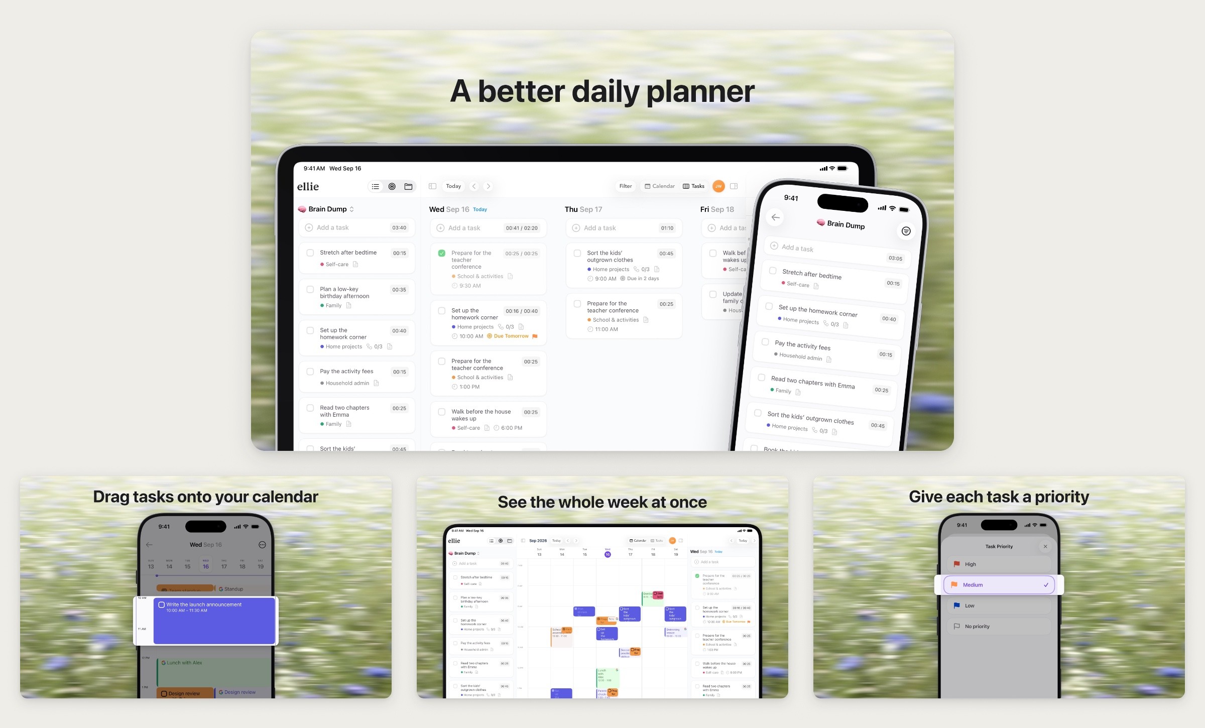 Four gallery images for the Ellie planner. Top, large: A better daily planner, with an iPad and an iPhone. Below: Drag tasks onto your calendar on an iPhone Timebox, See the whole week at once on an iPad week calendar, and Give each task a priority on an iPhone priority picker