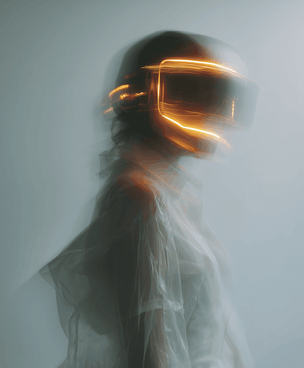 Person wearing a futuristic glowing visor with motion blur lighting.