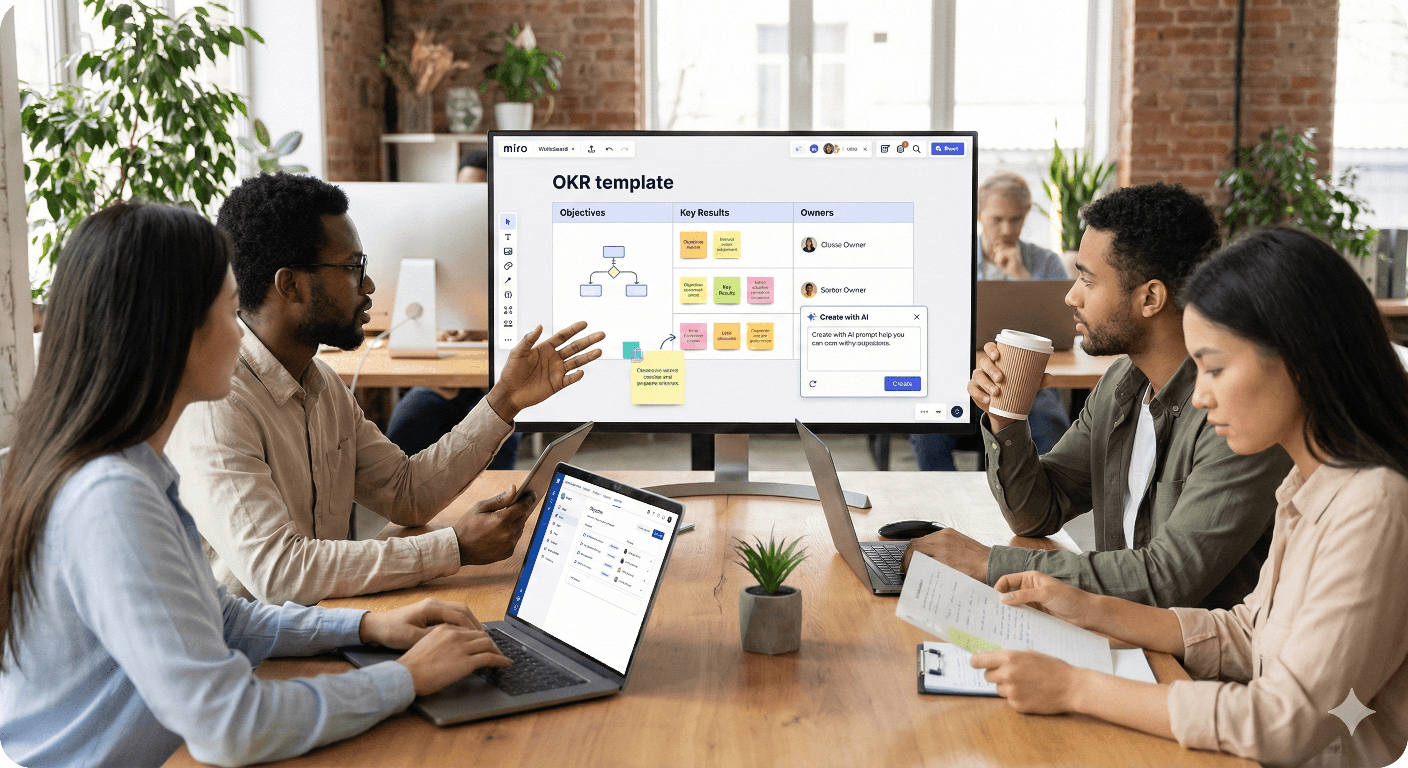 A diverse group of professionals collaborate around a table in a modern office, analyzing a digital OKR template displayed on a large screen from Miro, with laptops and documents, emphasizing teamwork and productivity.