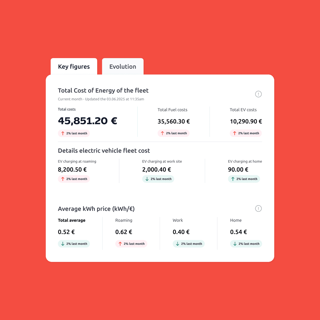 Energy cost summary panel on red background showing total fleet energy costs (45,851.20€), broken down into fuel costs (35,560.30€) and EV costs (10,290.90€), with EV charging costs split by roaming, work site, and home, plus average kWh prices per context.