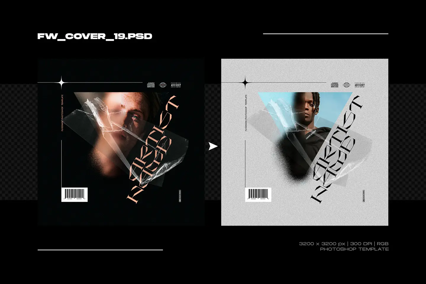 Creative cover design template featuring a taped photo effect and sharp diagonal artist name text