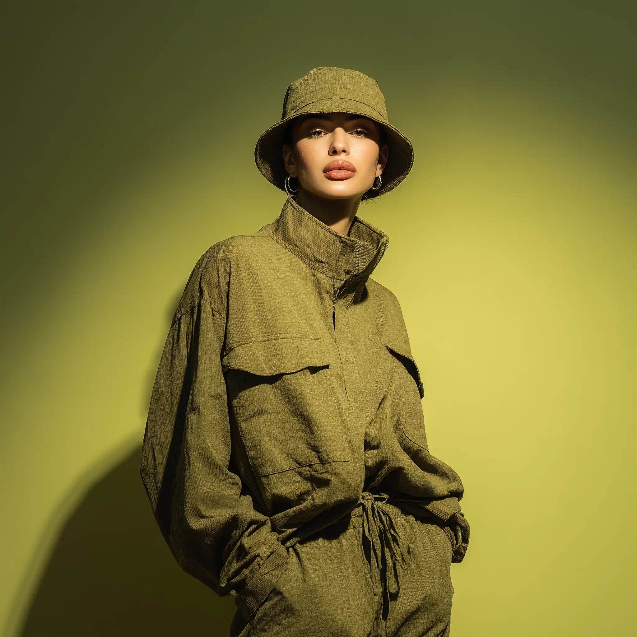 Fashion portrait of a woman in olive outfit with hat against yellow background.