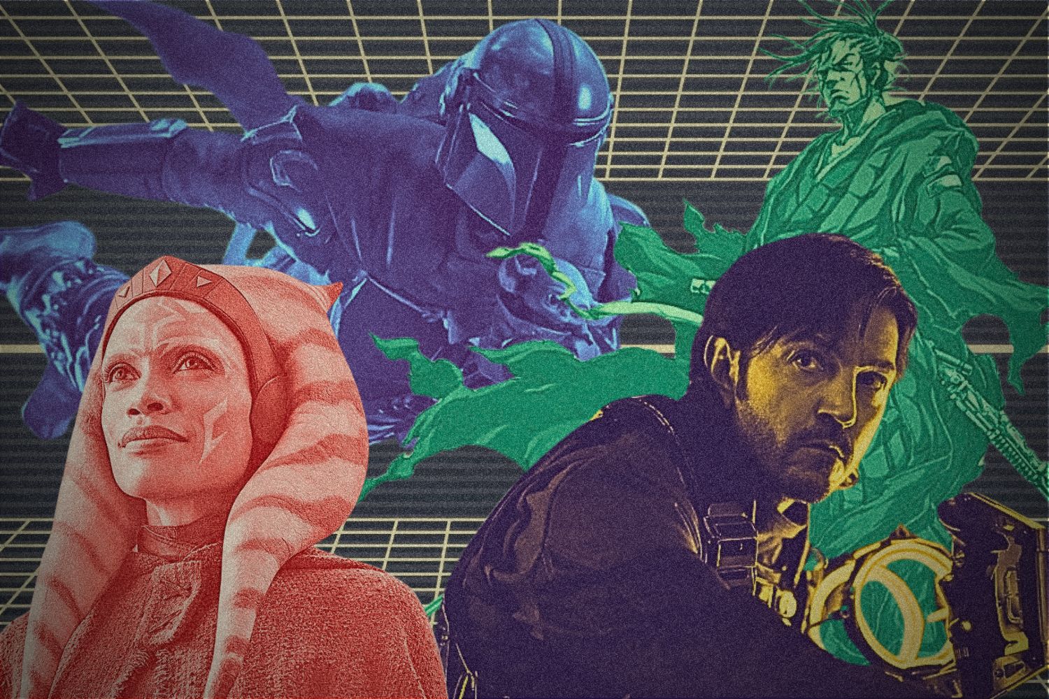 A collage of The Mandalorian, Grogu, Ahsoka, and Cassian Andor in front of a geometric pattern