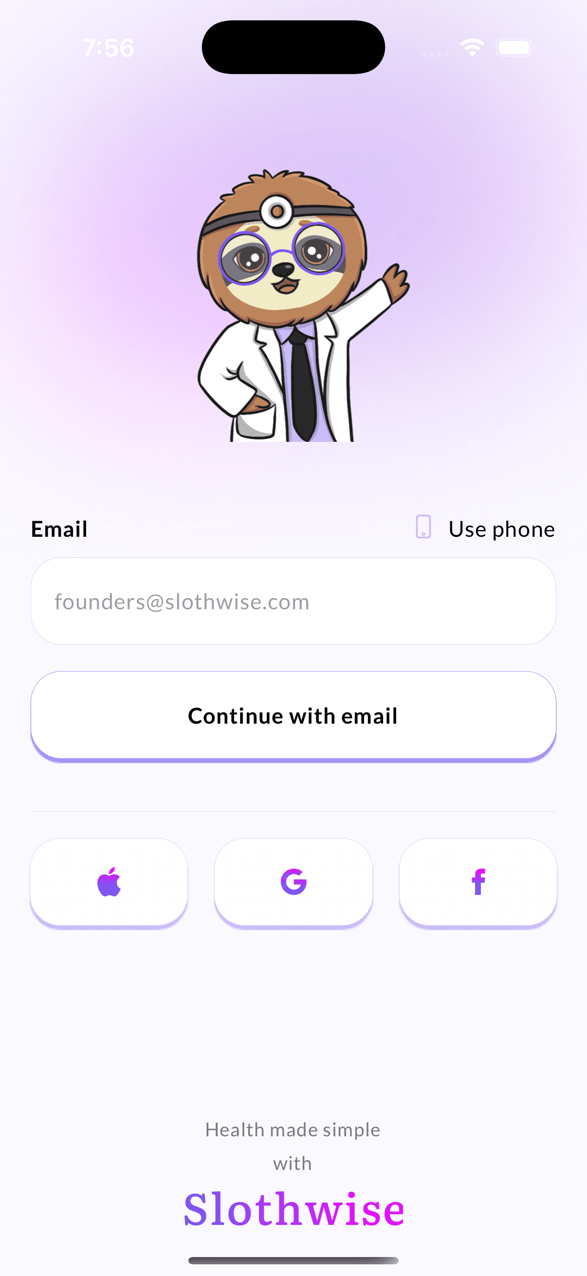 Screenshot of Slothwise app login screen with sloth mascot and email sign-up option in light mode