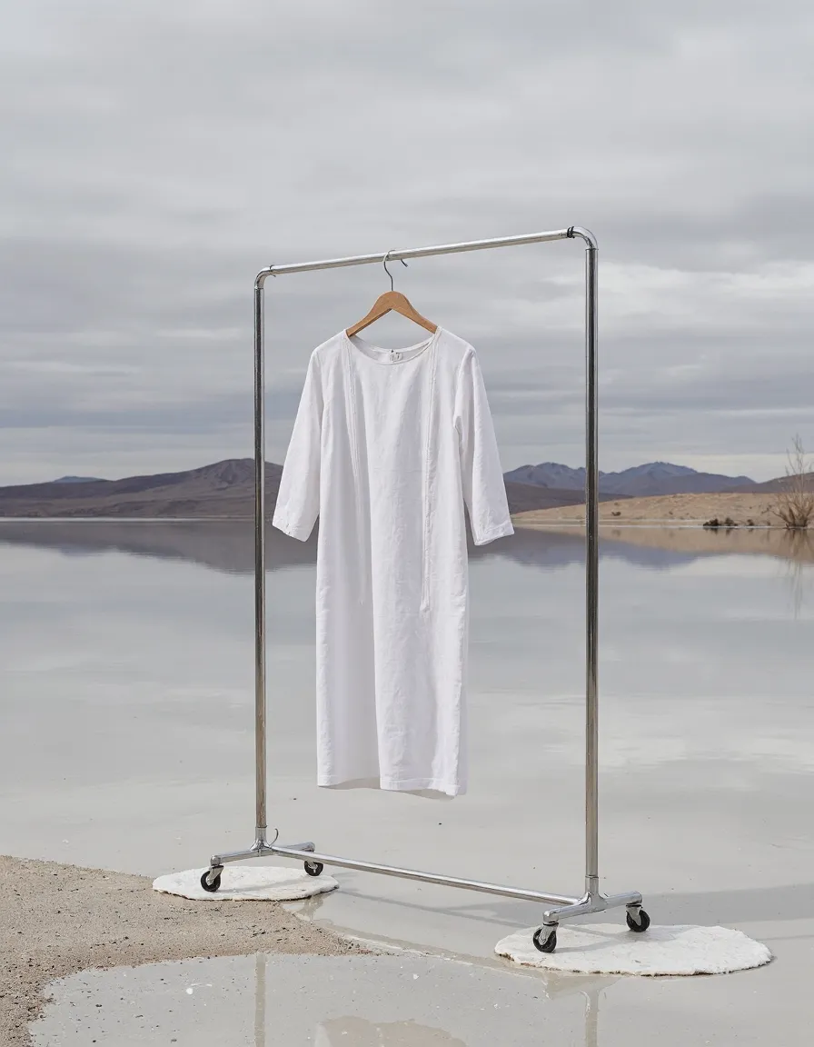 White linen dress hanging on metal rack against serene desert lake landscape with mountains in background under cloudy sky