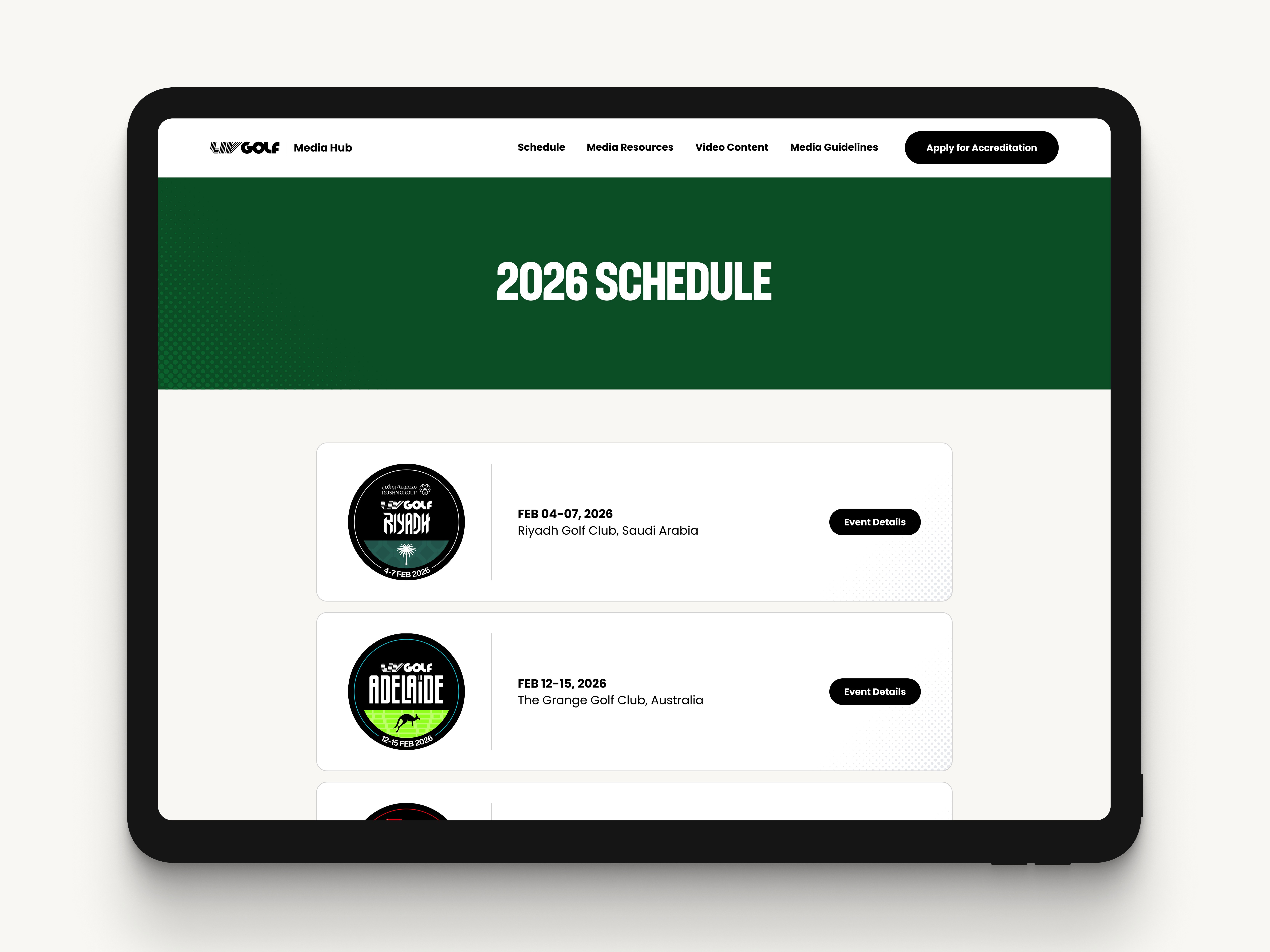 LIV Golf Media Hub schedule page generated from structured event data, providing a consistent season-wide tournament index.
