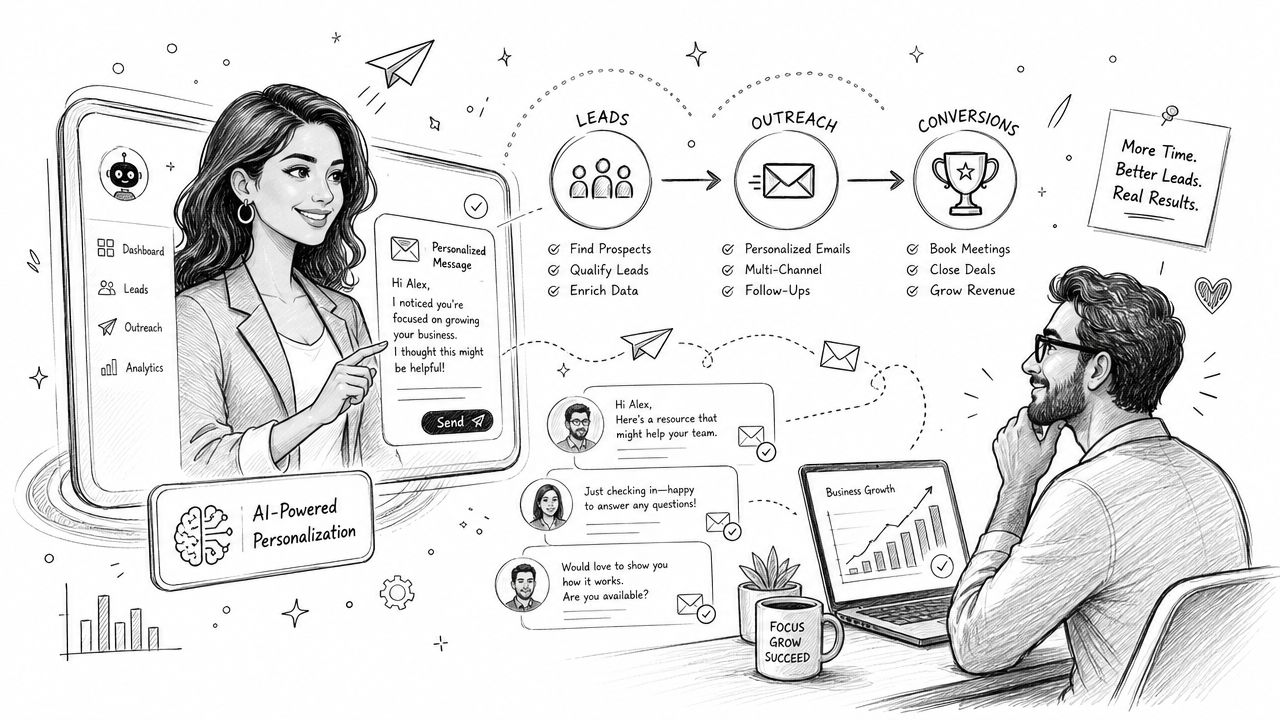A digital illustration showing an AI sales assistant helping a professional business person with lead generation and outreach.