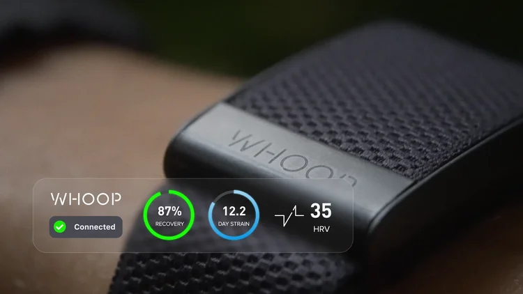 A fitness tracker wristband displaying health metrics, including connection status, recovery percentage, strain level, and heart rate variability, on a fabric surface.