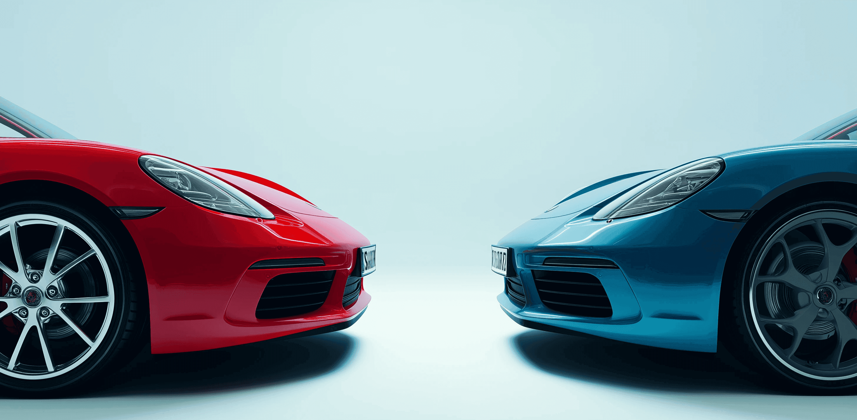The image features a striking side-by-side comparison of a red sports car and a blue sports car, both showcasing sleek aerodynamic designs, modern front bumpers, and alloy wheels, set against a minimalist light gray background.