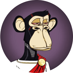 This image features a digital illustration of an anthropomorphic monkey with robotic elements, showcasing a solemn expression while wearing a red toga and white shirt, set against a purple background.