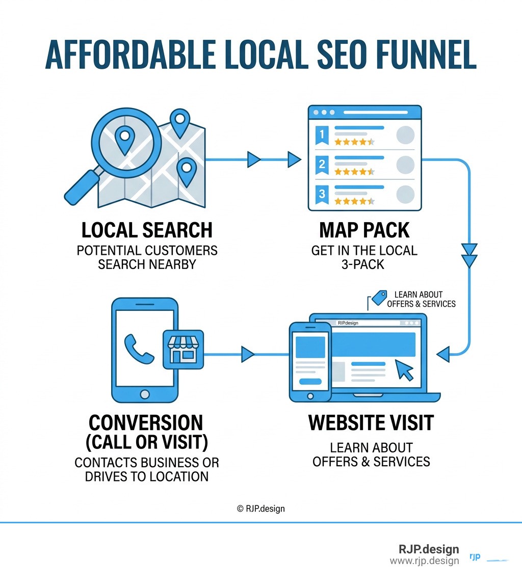 Affordable local SEO funnel: local search, map pack, website visit, call or visit infographic