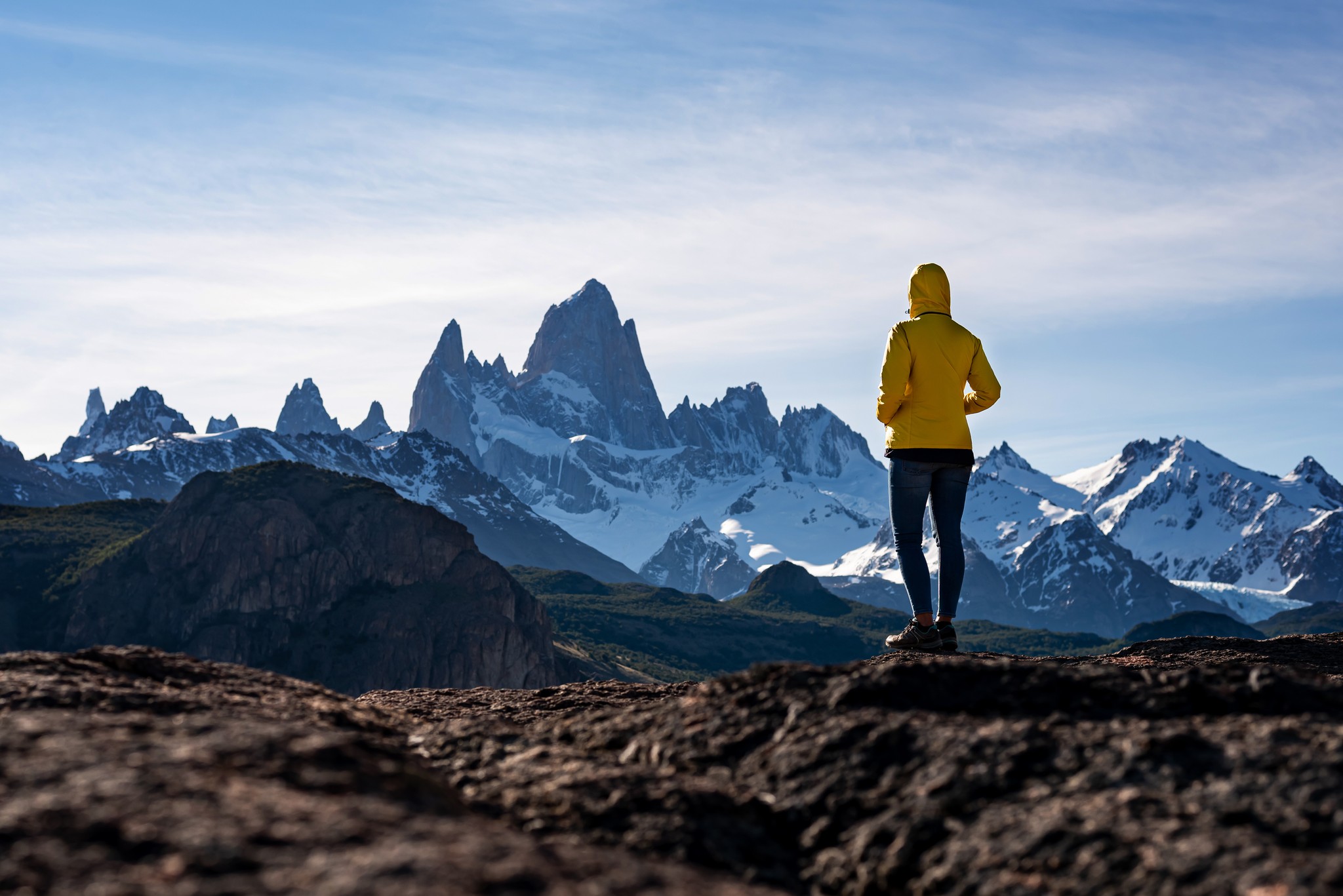 A person in a yellow jacket with the hood up facing away from the camera, looking toward a jagged mountain range.
