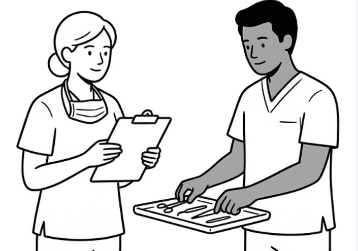 Illustration: two doctors preparing a surgical tray of tools