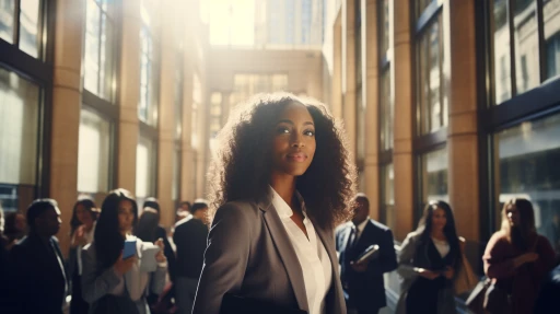 In the grand hallway of a legal building, a woman with an authoritative air is spotlighted by the sun, with the hustle of legal associates engaging in discussion behind her.