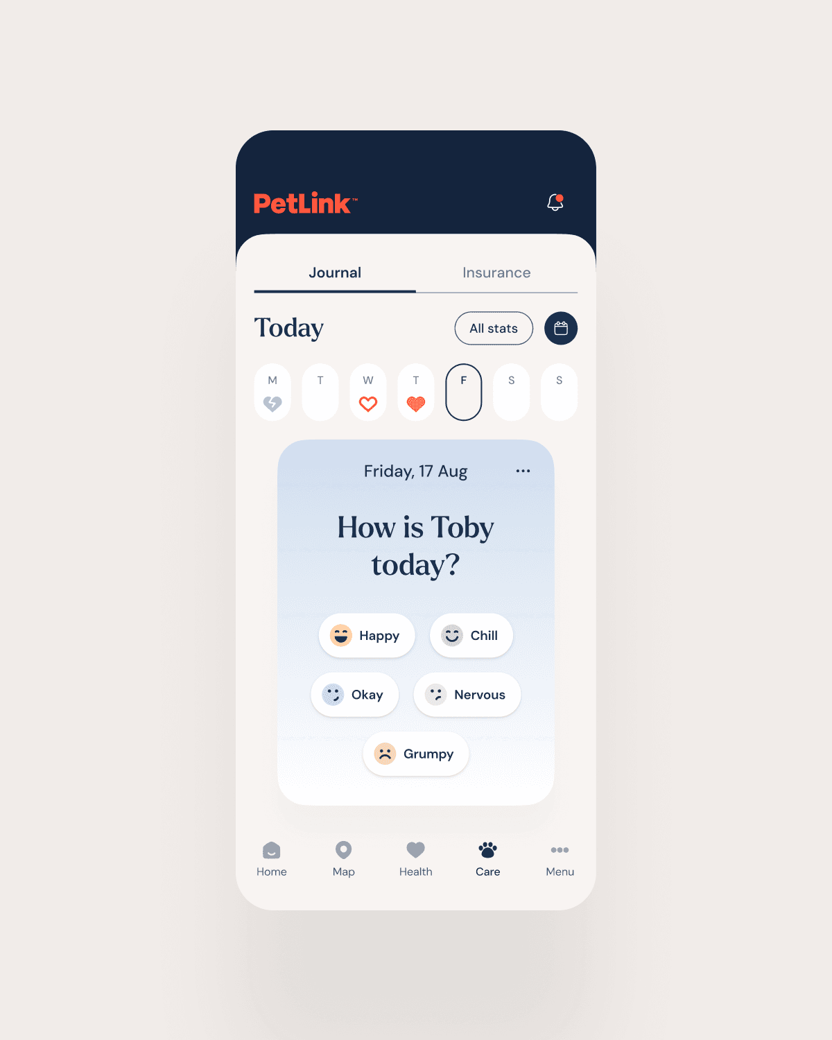 UI screen of the Pet Journal in the PetLink mobile app