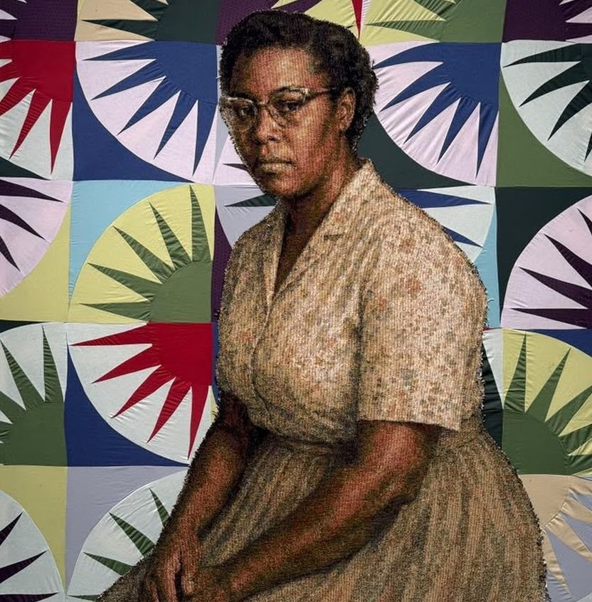 Desmond Beach’s Black Interior (After Work) (2026). What reads at first as a painted portrait is woven and quilted.&nbsp; Courtesy the artist and Richard Beavers Gallery