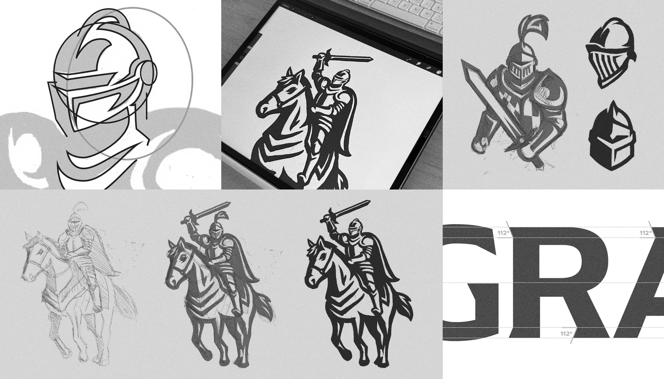 Grace Academy knight logo sketching and vector process.