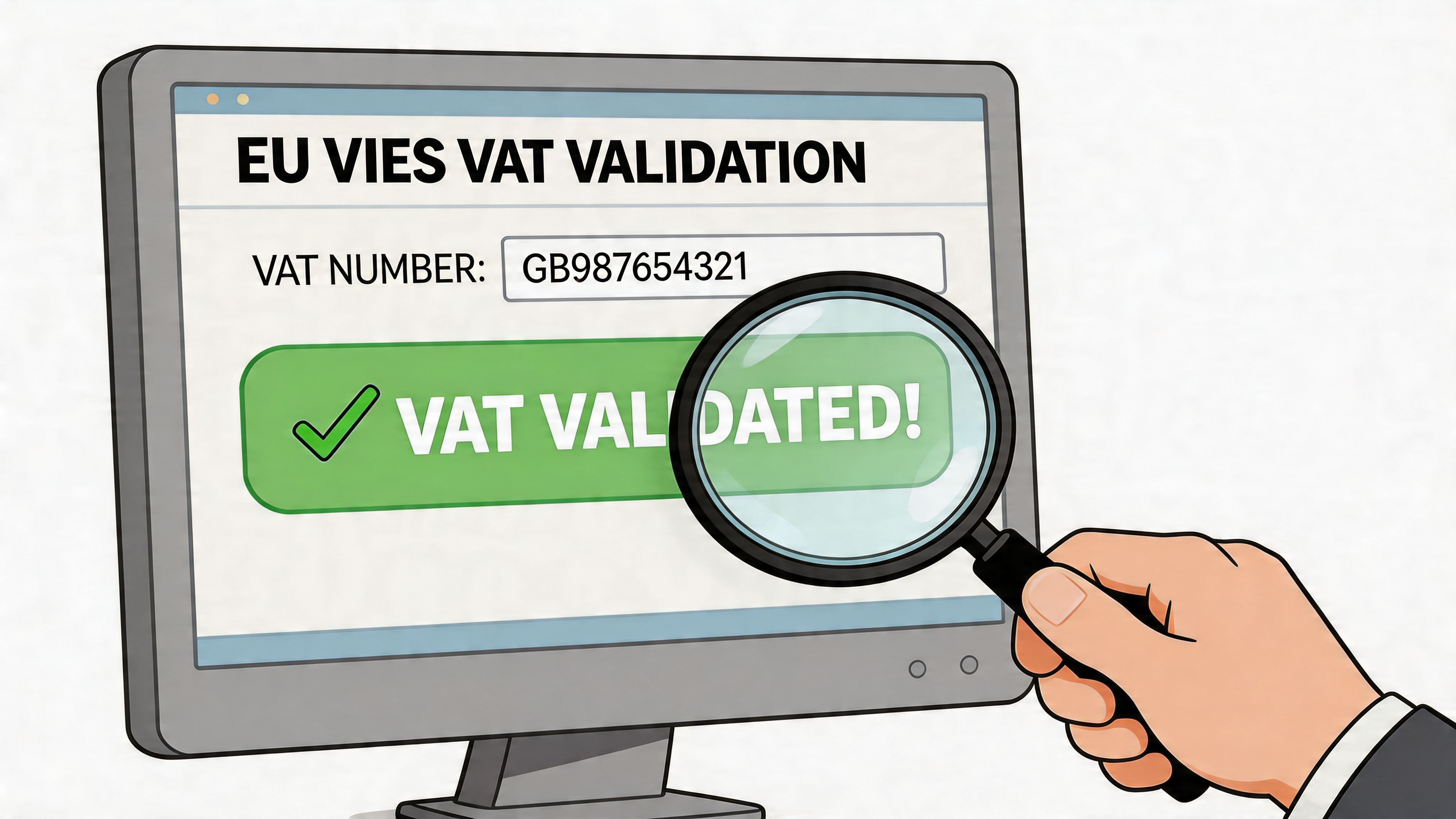 A hand holds a magnifying glass over a computer screen showing a validated EU VAT number result.