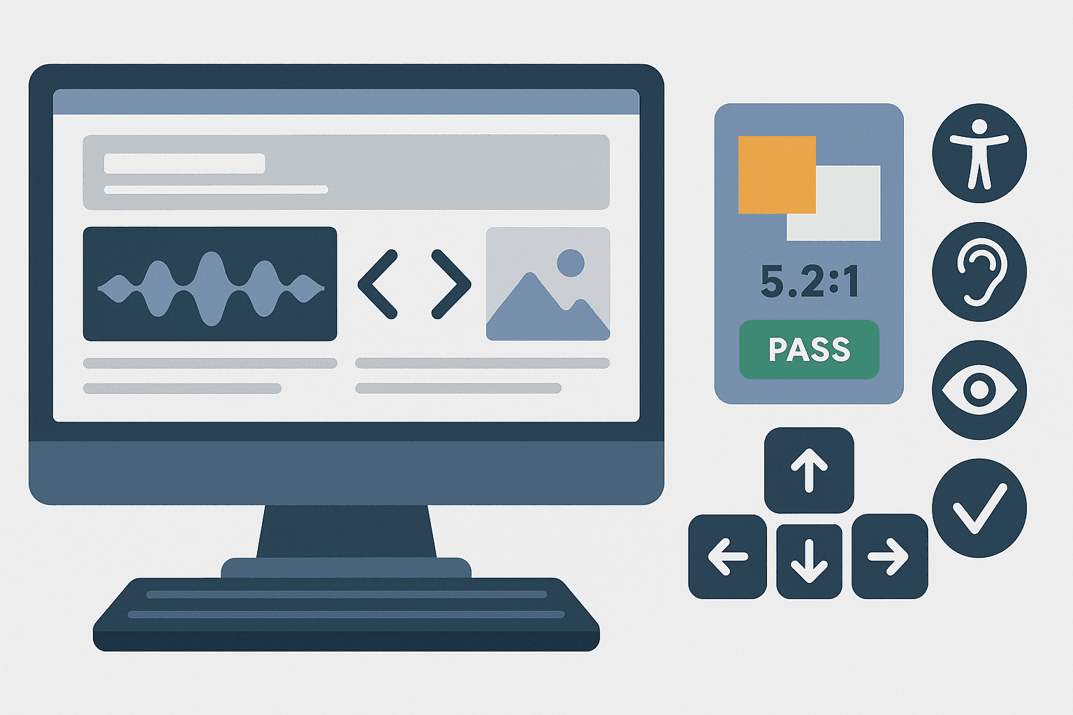 “Flat illustration of an accessibility testing interface with screen reader waveform, color contrast checker, WCAG compliance icons, and keyboard navigation arrows to represent digital accessibility workflow.”