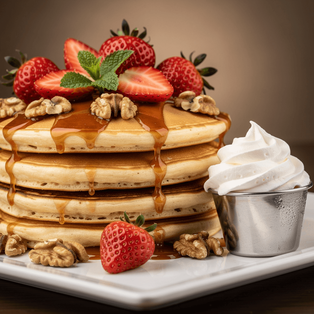A stack of fluffy pancakes on a white square plate, dripping with thick, glossy caramel sauce. Topped with fresh red strawberries, walnuts, and mint. A silver cup of whipped cream sits to the side. Shot on Sony A7R IV with a 90mm Macro lens.