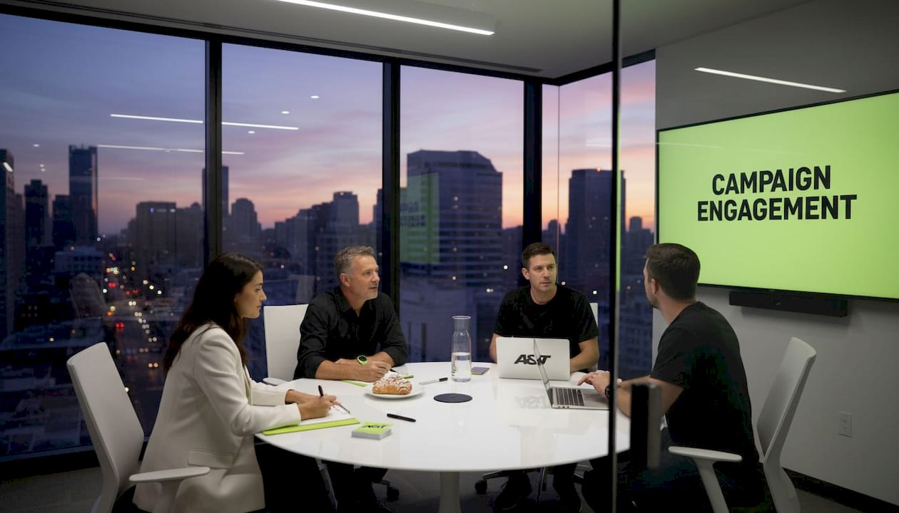 Team reviewing personalized advertising stats in meeting