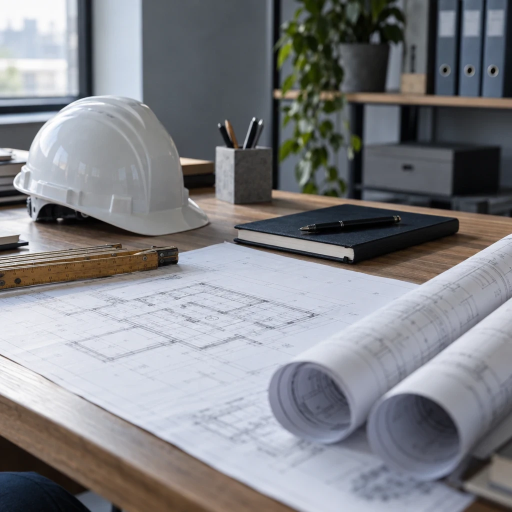 Bureau d’expert bâtiment : plans, casque de chantier, mètre pliant et carnet de notes