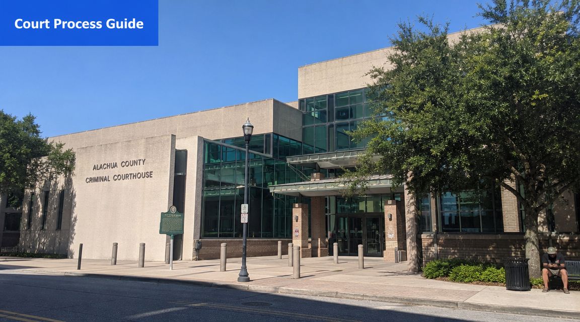 The Alachua County Criminal Courthouse building exterior on a bright, sunny day in Gainesville, Florida.