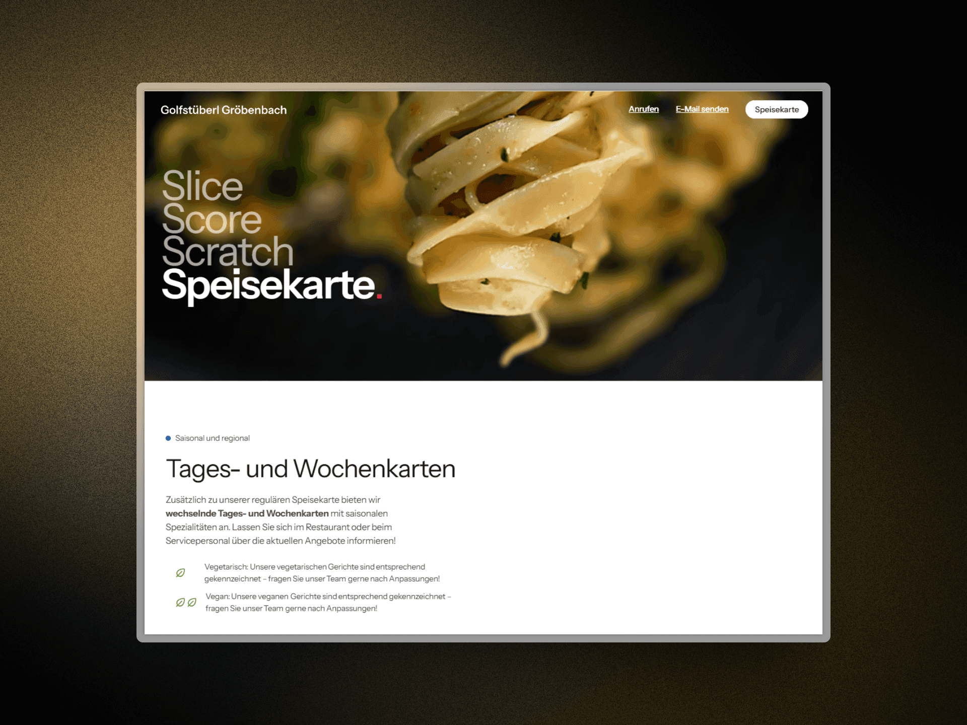 Website des Golfstüberl Gröbenbach mit digitaler Speisekarte auf einem Bildschirm
