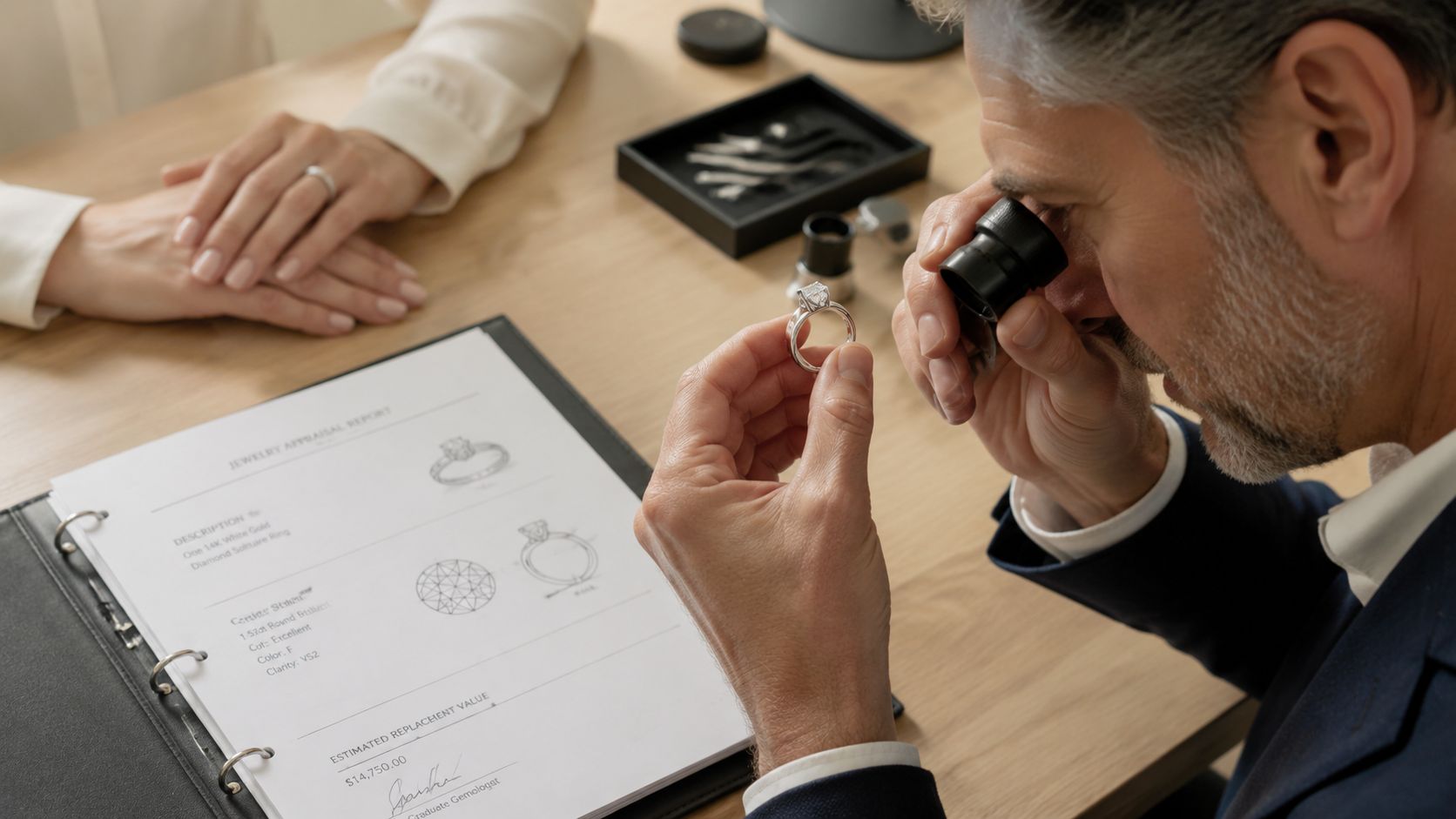 A professional jeweler inspects a diamond solitaire ring with a loupe while reviewing an appraisal report.