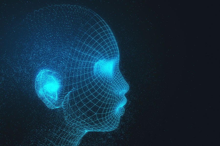 Siatka poligonalna modelu 3D głowy ludzkiej w estetyce cybernetycznej oraz science fiction