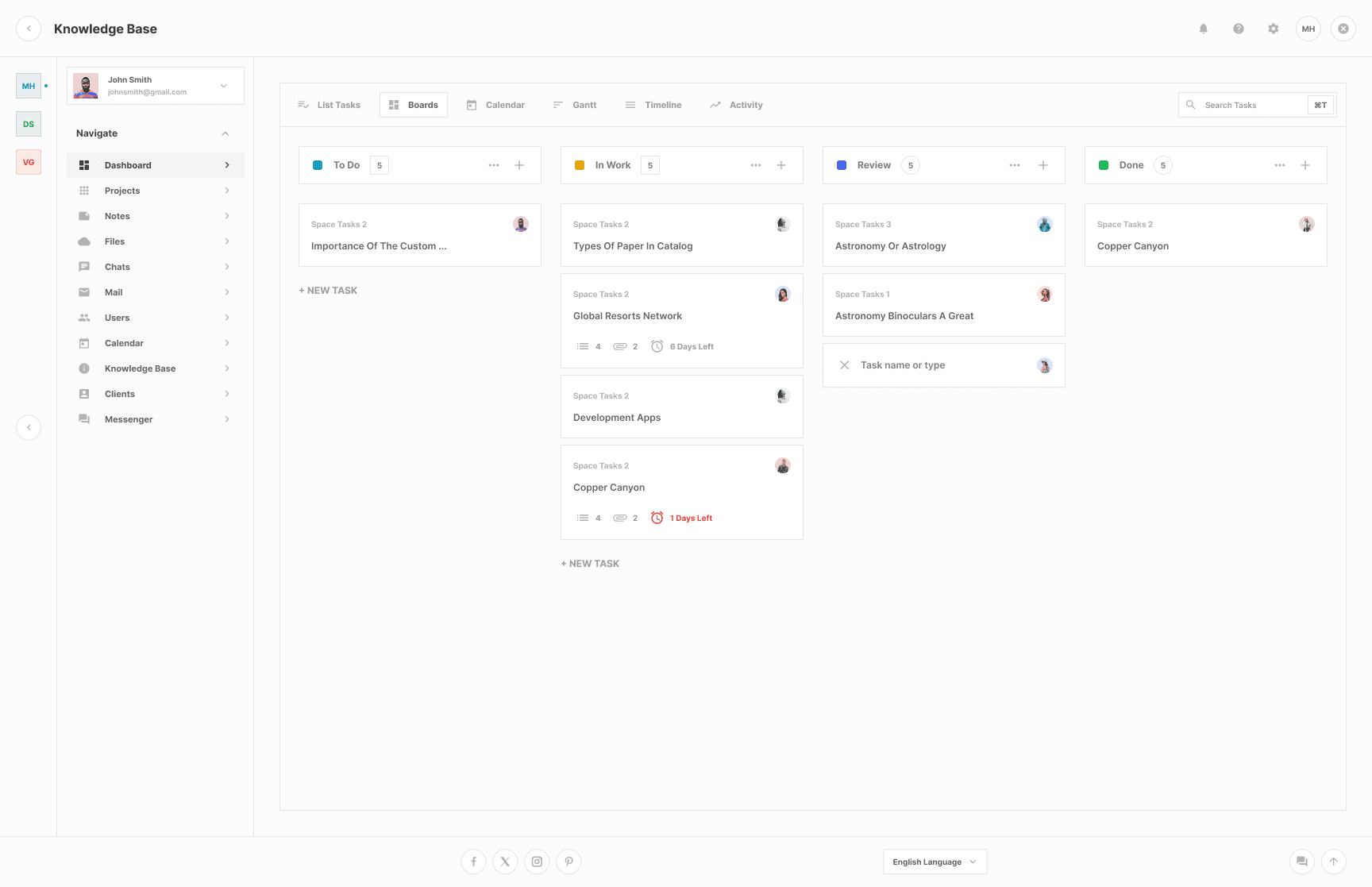 Desktop web app interface showing a knowledge base dashboard with a left sidebar navigation and a Kanban board in the main area. Multiple columns display cards with titles, tags, and small avatar icons, indicating task ownership or collaboration.
