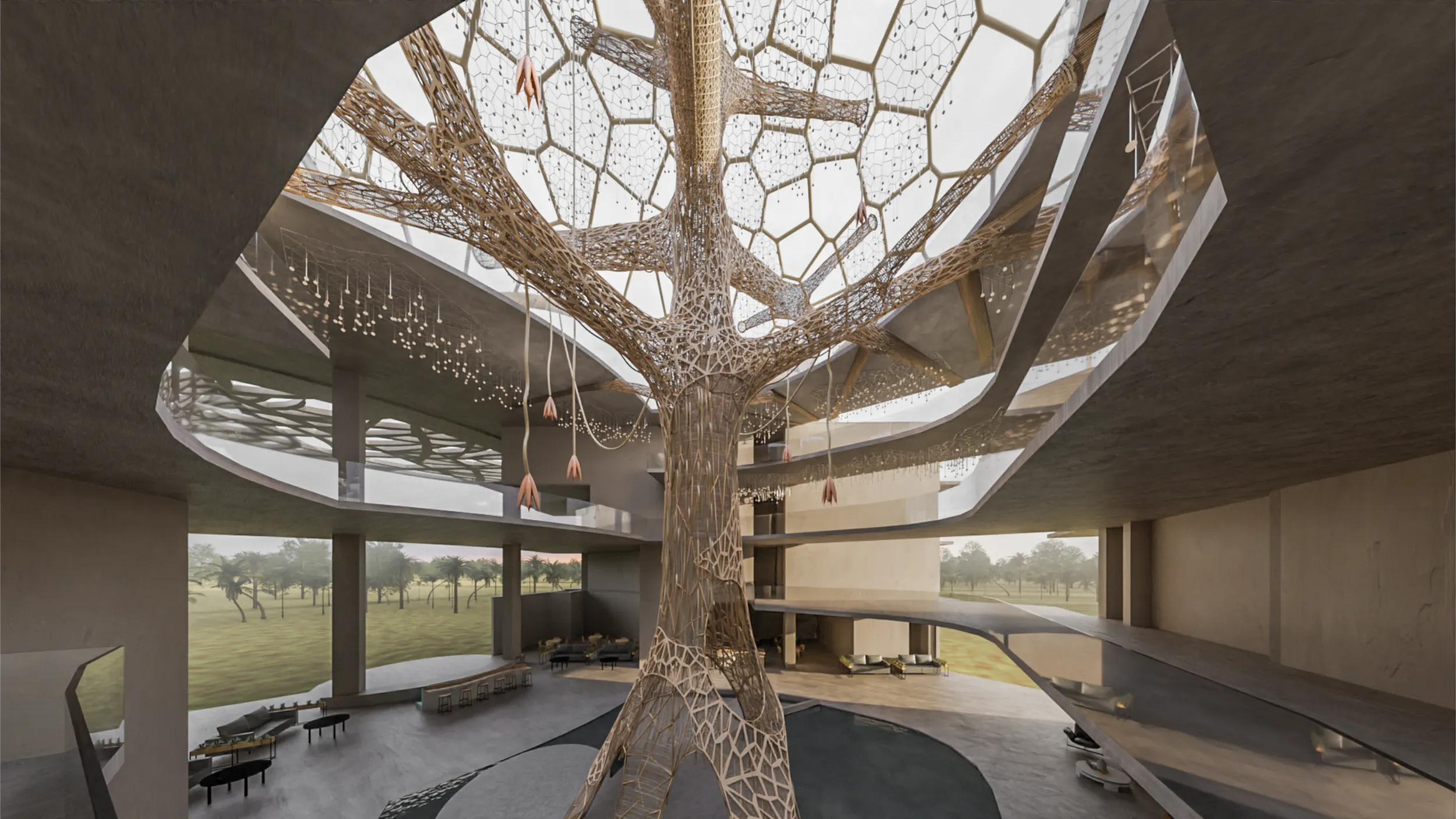 Architectural visualization of the monumental bamboo tree sculpture spanning four levels inside the EOS Curio Collection atrium by Arquitectura Mixta.