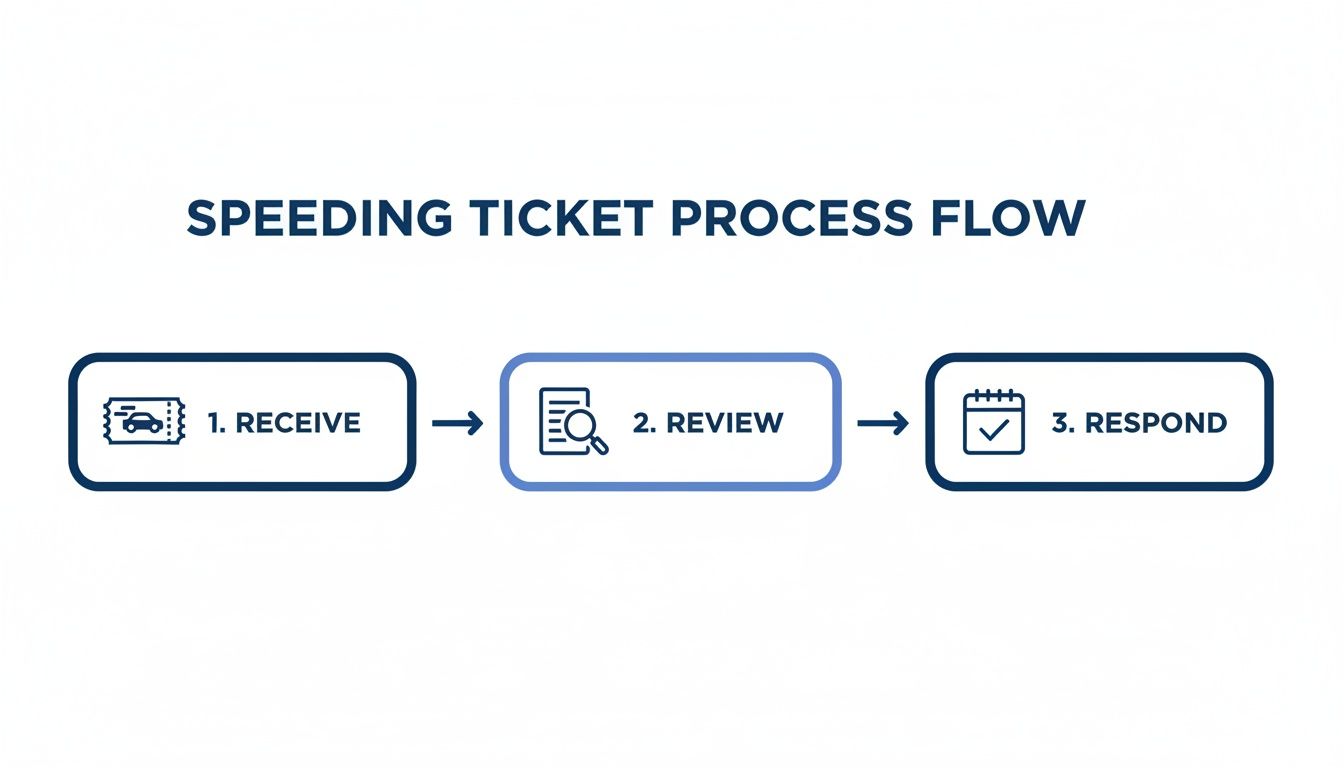 A diagram illustrating the three-step speeding ticket process: Receive, Review, and Respond.